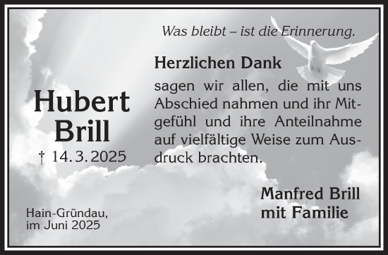 Traueranzeige von Hubert Brill von Gelnhäuser Neue Zeitung