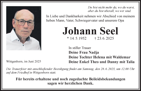 Traueranzeige von Johann Seel von Gelnhäuser Neue Zeitung