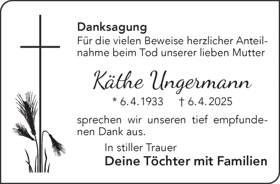 Traueranzeige von Käthe Ungermann von Gelnhäuser Neue Zeitung