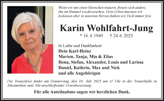 Traueranzeige von Karin Wohlfahrt-Jung von Gelnhäuser Neue Zeitung