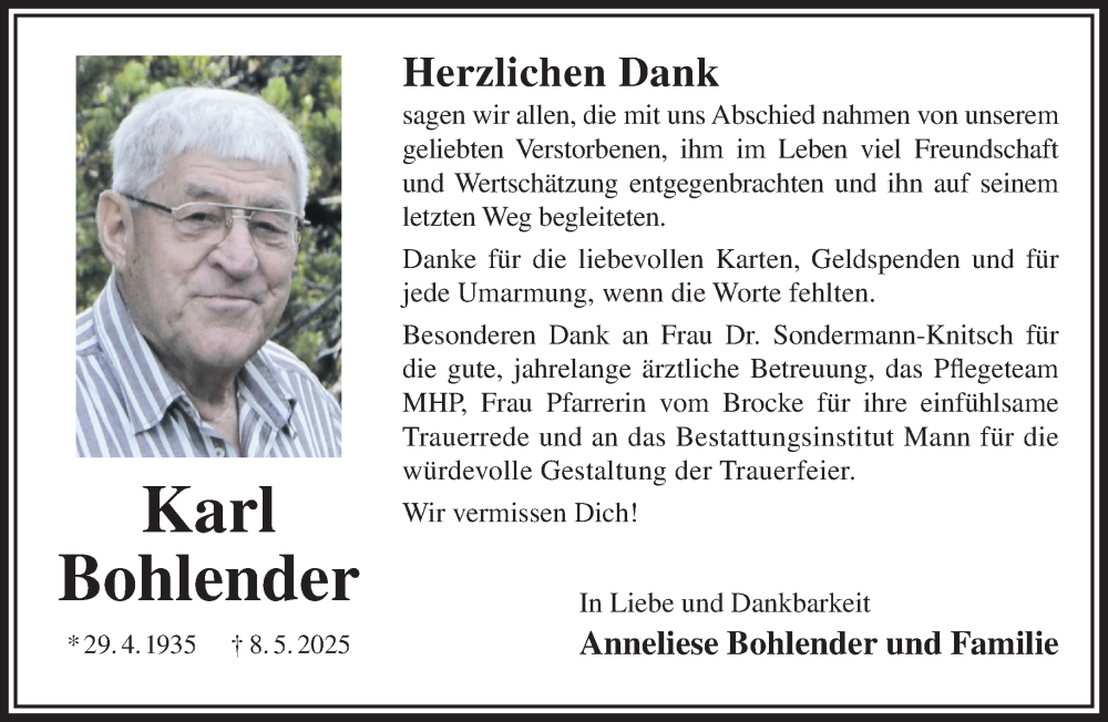  Traueranzeige für Karl Bohlender vom 07.06.2025 aus Gelnhäuser Neue Zeitung