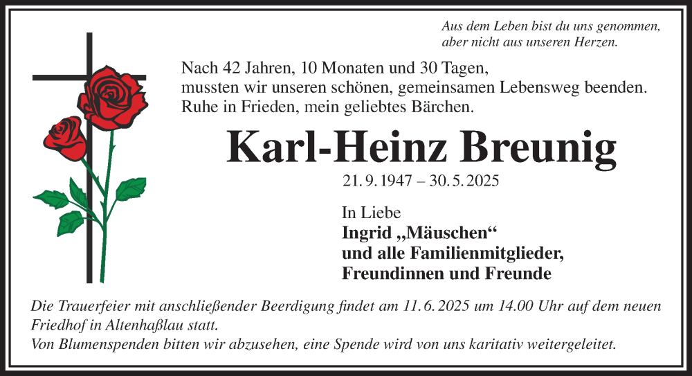  Traueranzeige für Karl-Heinz Breunig vom 07.06.2025 aus Gelnhäuser Neue Zeitung