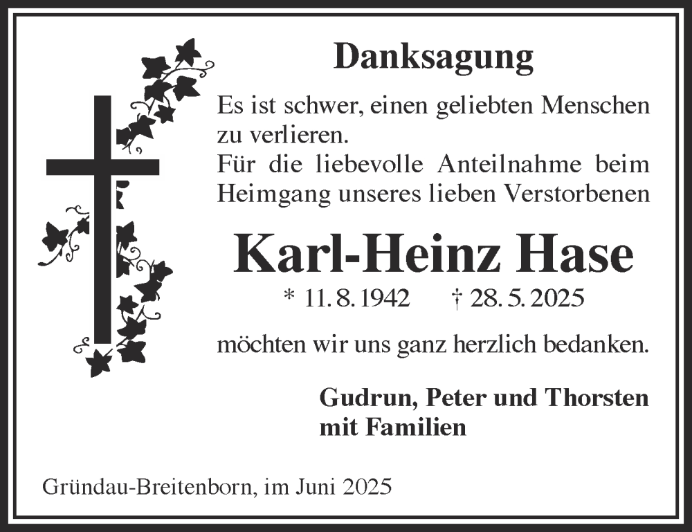  Traueranzeige für Karl-Heinz Hase vom 28.06.2025 aus Gelnhäuser Neue Zeitung