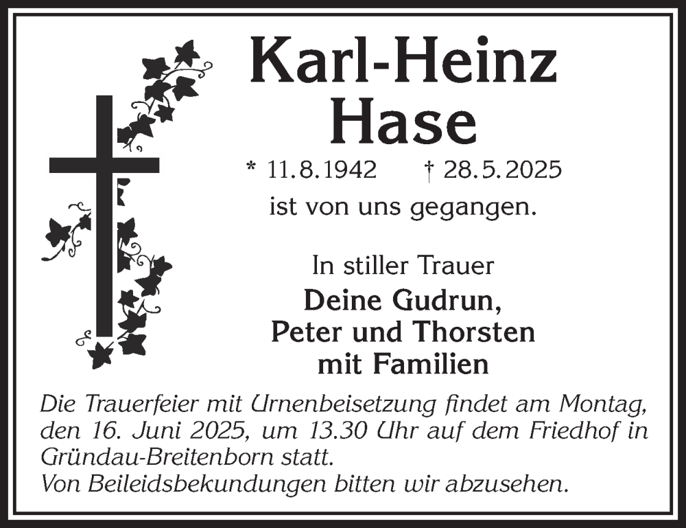  Traueranzeige für Karl-Heinz Hase vom 07.06.2025 aus Gelnhäuser Neue Zeitung