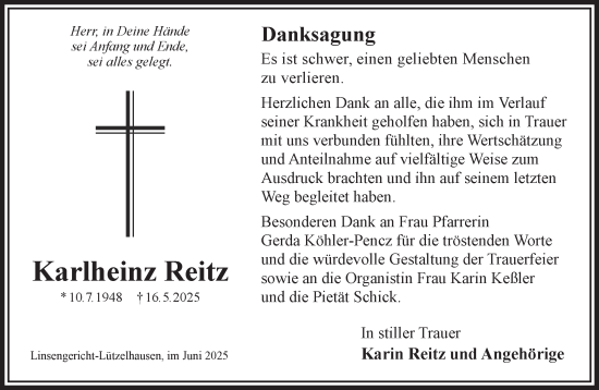 Traueranzeige von Karlheinz Reitz von Mittelhessen-Bote
