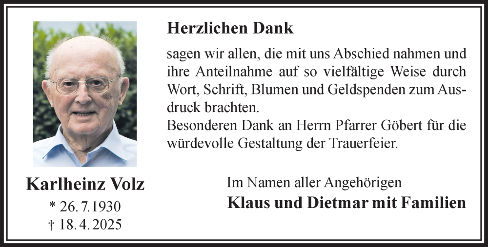  Traueranzeige für Karlheinz Volz vom 07.06.2025 aus Gelnhäuser Neue Zeitung