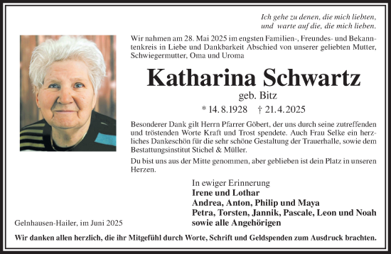 Traueranzeige von Katharina Schwartz von Gelnhäuser Neue Zeitung