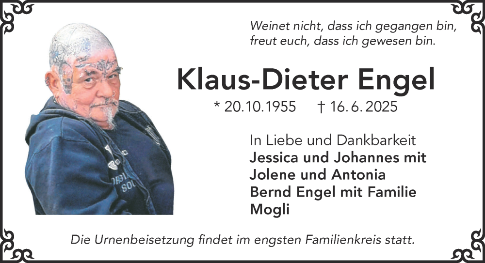  Traueranzeige für Klaus-Dieter Engel vom 28.06.2025 aus Gelnhäuser Neue Zeitung