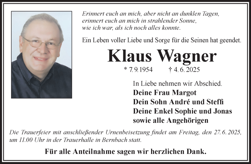  Traueranzeige für Klaus Wagner vom 14.06.2025 aus Gelnhäuser Neue Zeitung
