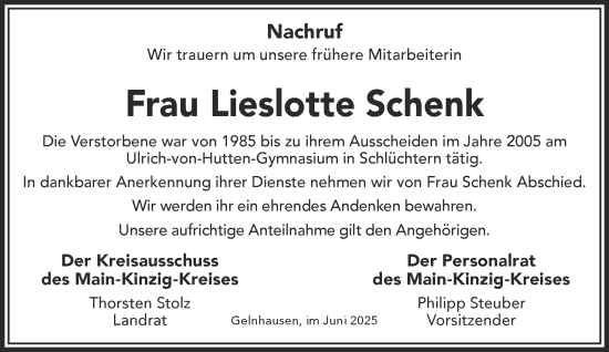 Traueranzeige von Lieslotte Schenk von Mittelhessen-Bote