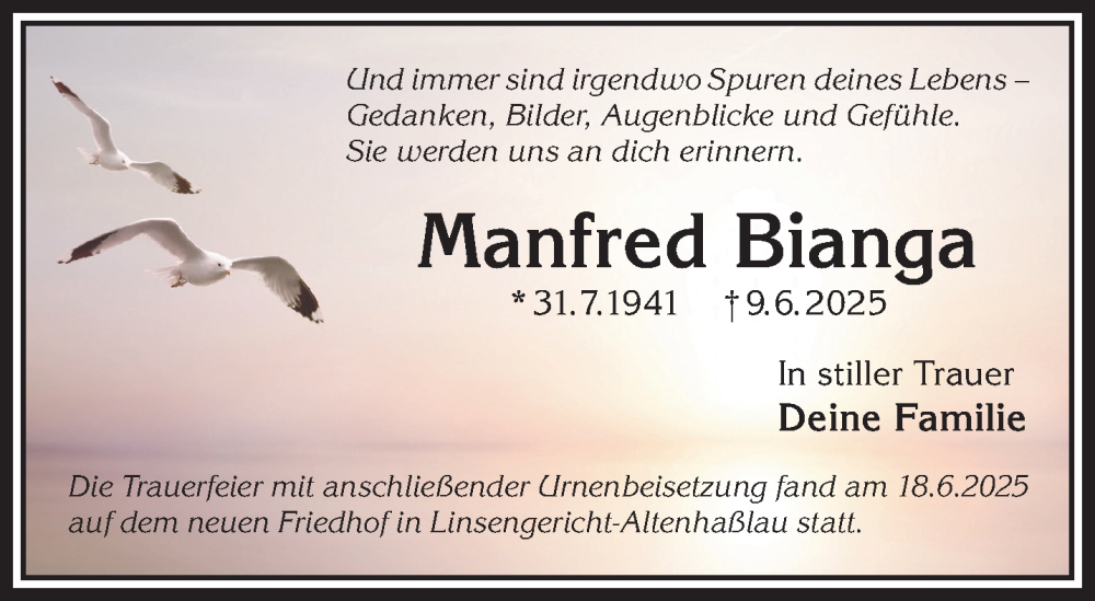 Traueranzeige für Manfred Bianga vom 21.06.2025 aus Mittelhessen-Bote