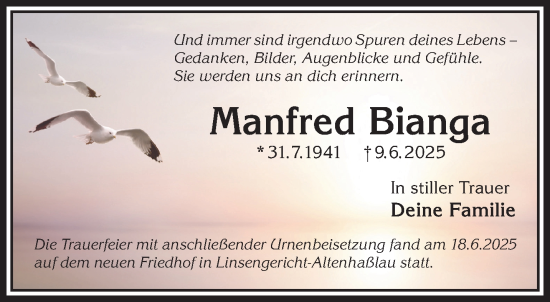 Traueranzeige von Manfred Bianga von Mittelhessen-Bote