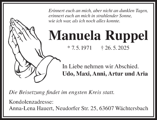 Traueranzeige von Manuela Ruppel von Mittelhessen-Bote