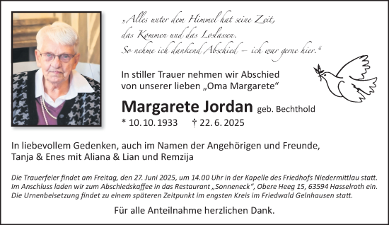 Traueranzeige von Margarete Jordan von Gelnhäuser Neue Zeitung