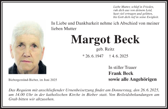 Traueranzeige von Margot Beck von Gelnhäuser Neue Zeitung