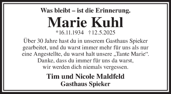 Traueranzeige von Marie Kuhl von Gelnhäuser Neue Zeitung