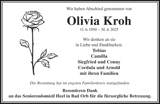 Traueranzeige von Olivia Kroh von Gelnhäuser Neue Zeitung