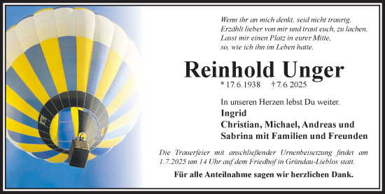 Traueranzeige von Reinhold Unger von Gelnhäuser Neue Zeitung