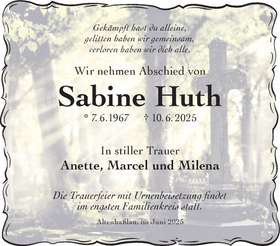 Traueranzeige von Sabine Huth von Gelnhäuser Neue Zeitung