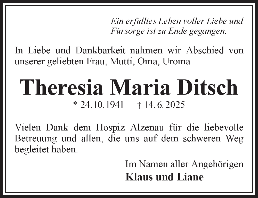  Traueranzeige für Theresia Maria Ditsch vom 28.06.2025 aus Gelnhäuser Neue Zeitung