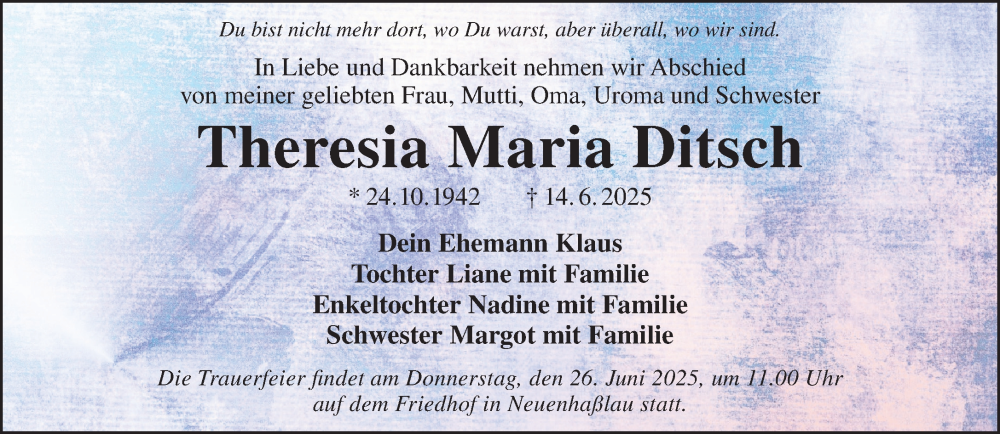  Traueranzeige für Theresia Maria Ditsch vom 21.06.2025 aus Gelnhäuser Neue Zeitung