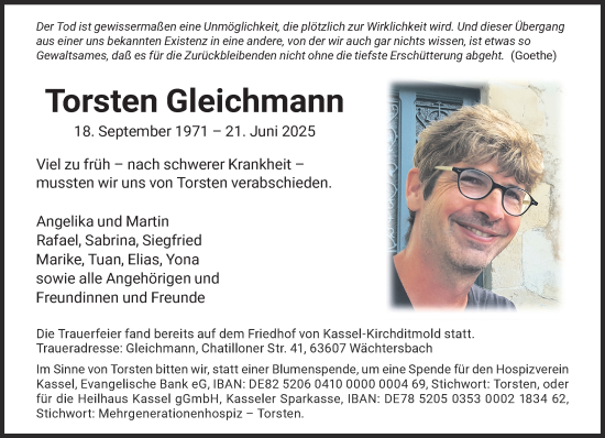 Traueranzeige von Torsten Gleichmann von Mittelhessen-Bote