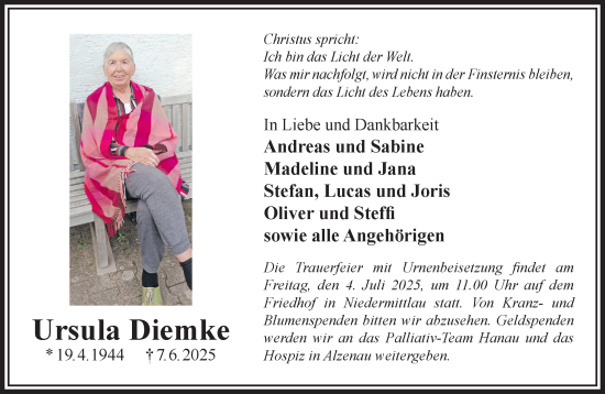 Traueranzeige von Ursula Diemke von Mittelhessen-Bote
