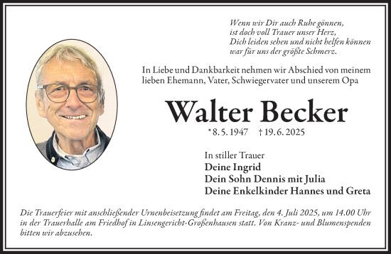 Traueranzeige von Walter Becker von Gelnhäuser Neue Zeitung