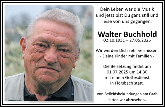 Traueranzeige von Walter Buchhold von Gelnhäuser Neue Zeitung