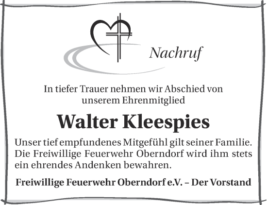 Traueranzeige von Walter Kleespies von Mittelhessen-Bote