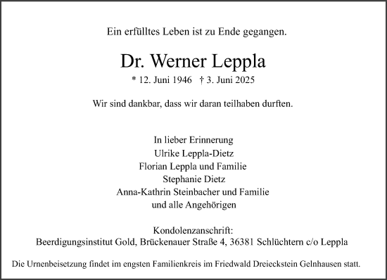 Traueranzeige von Werner Leppla von Gelnhäuser Neue Zeitung