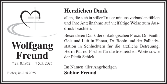 Traueranzeige von Wolfgang Freund von Gelnhäuser Neue Zeitung