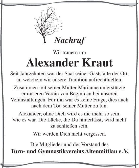 Traueranzeige von Alexander Kraut von Gelnhäuser Neue Zeitung