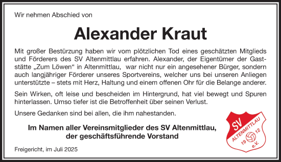 Traueranzeige von Alexander Kraut von Mittelhessen-Bote