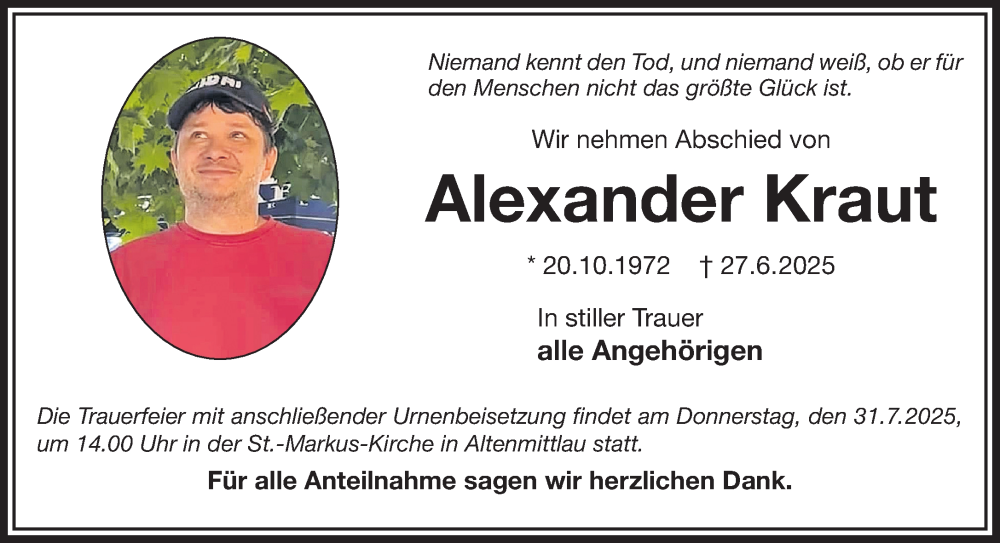  Traueranzeige für Alexander Kraut vom 19.07.2025 aus Gelnhäuser Neue Zeitung