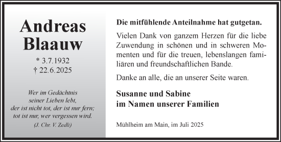 Traueranzeige von Andreas Blaauw von Gelnhäuser Neue Zeitung