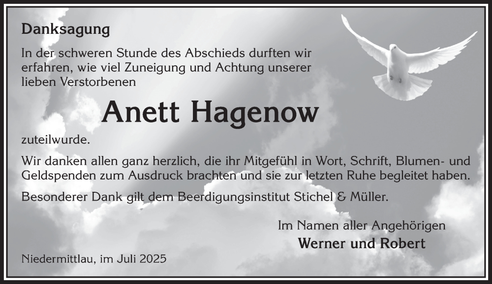  Traueranzeige für Anett Hagenow vom 05.07.2025 aus Gelnhäuser Neue Zeitung