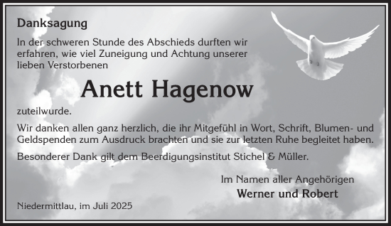Traueranzeige von Anett Hagenow von Gelnhäuser Neue Zeitung
