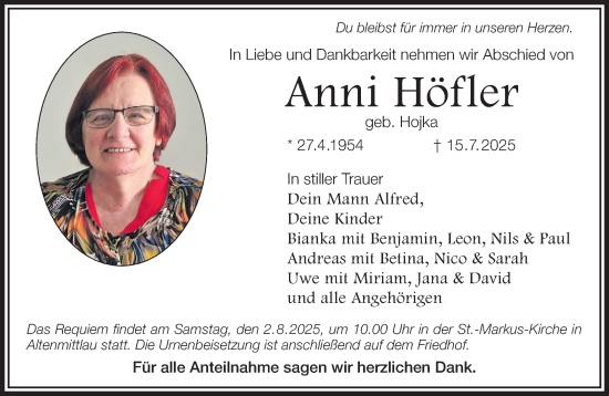 Traueranzeige von Anni Höfler von Gelnhäuser Neue Zeitung