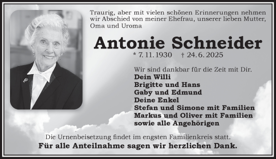 Traueranzeige von Antonie Schneider von Gelnhäuser Neue Zeitung