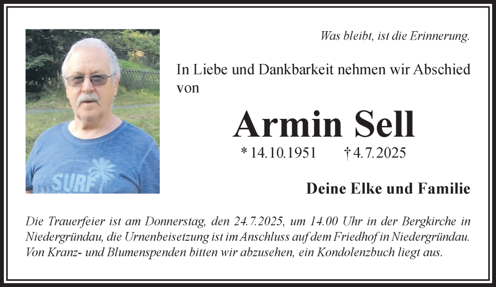  Traueranzeige für Armin Sell vom 19.07.2025 aus Gelnhäuser Neue Zeitung