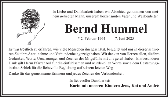 Traueranzeige von Bernd Hummel von Gelnhäuser Neue Zeitung
