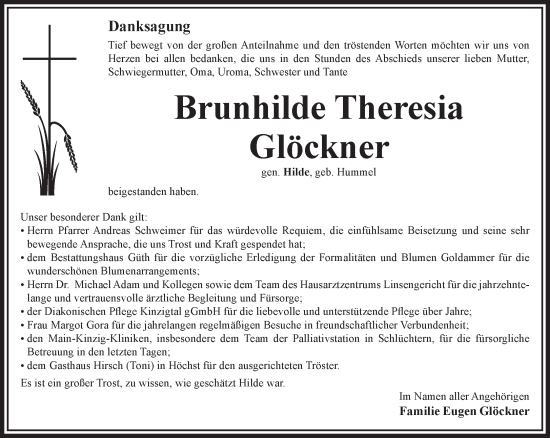 Traueranzeige von Brunhilde Theresia Glöckner von Gelnhäuser Neue Zeitung
