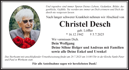 Traueranzeige von Christel Desch von Gelnhäuser Neue Zeitung
