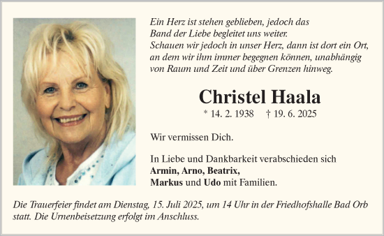 Traueranzeige von Christel Haala von Gelnhäuser Neue Zeitung