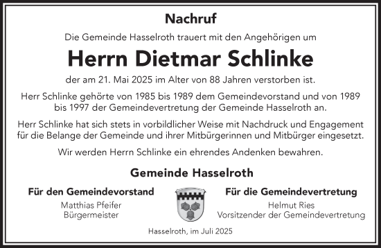 Traueranzeige von Dietmar Schlinke von Gelnhäuser Neue Zeitung