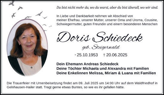 Traueranzeige von Doris Schiedeck von Gelnhäuser Neue Zeitung