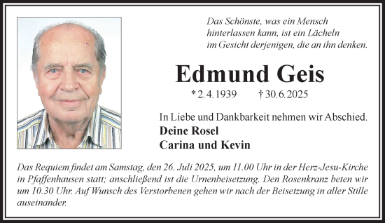Traueranzeige von Edmund Geis von Gelnhäuser Neue Zeitung