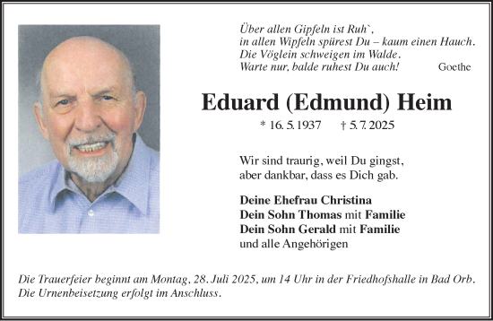 Traueranzeige von Eduard Heim von Gelnhäuser Neue Zeitung