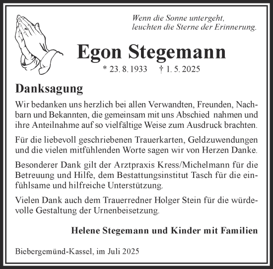 Traueranzeige von Egon Stegemann von Gelnhäuser Neue Zeitung